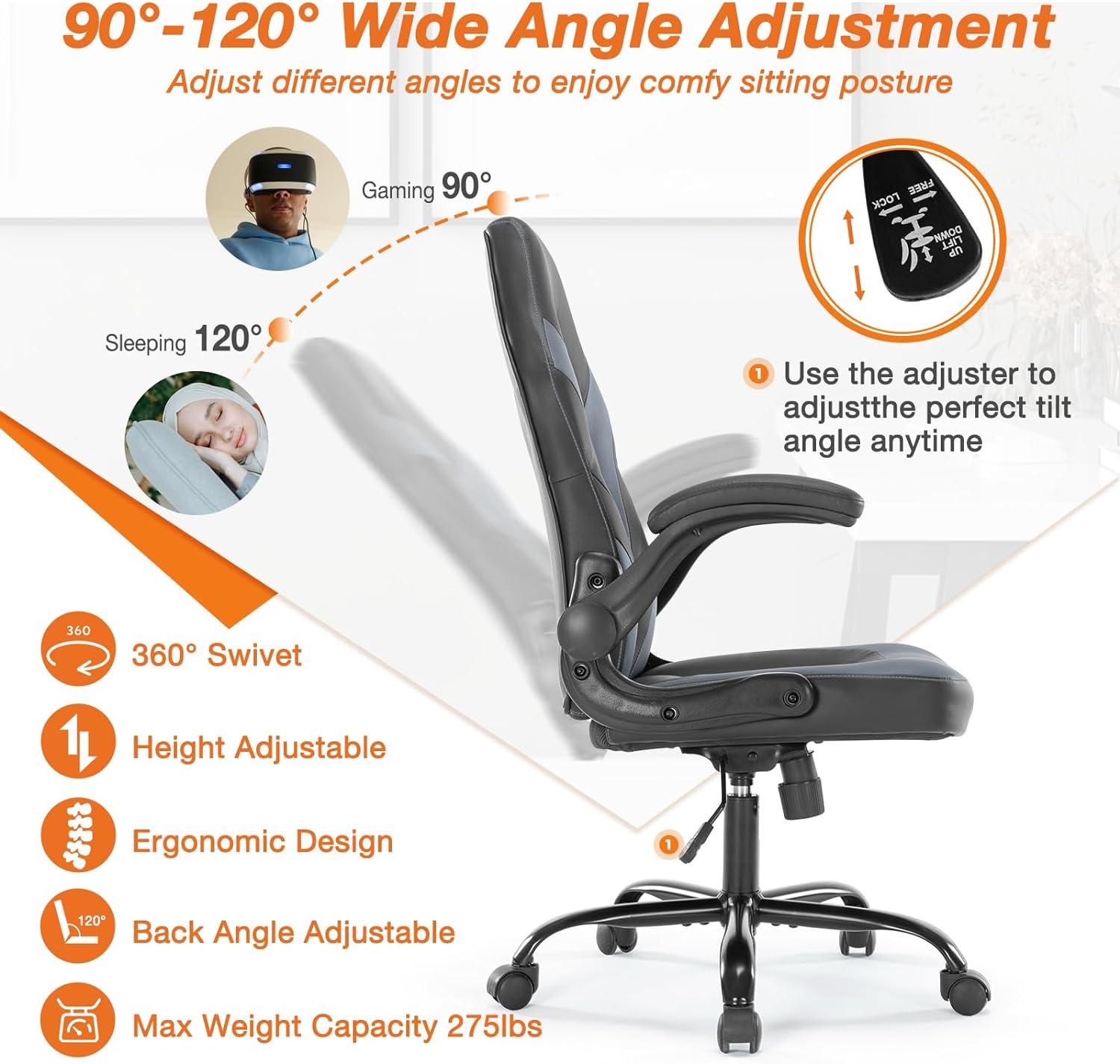 Computer Gaming Ergonomic Office Chair Seat with Lumbar Support Adjustable Height