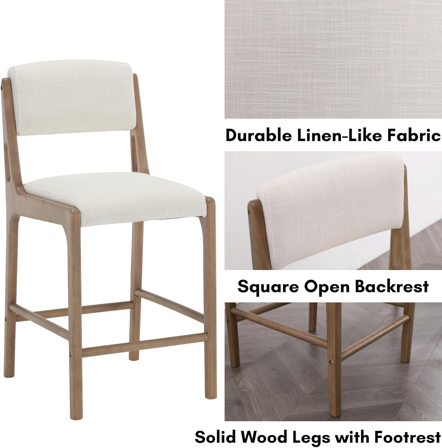 Linen Counter Height Stools Set of 2, 26" Seat Height Low Bar Stools with Natural Color Solid Wood Legs