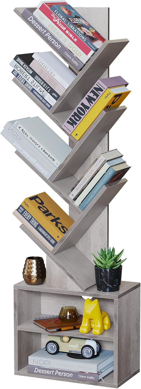 6 Tier Tree Bookshelf, Tall Bookcase with Storage Cabinet, Modern Narrow Bookshelves Organizer