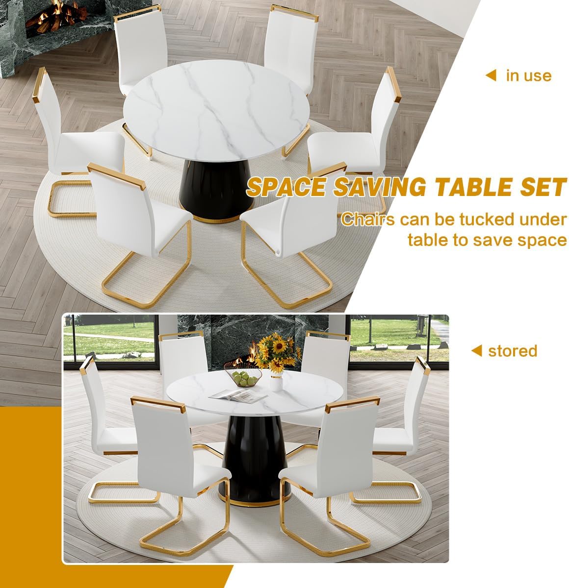 Round Dining Table Set for 6, 45'' Modern Round Wooden Dining Set with Cushioned Chairs