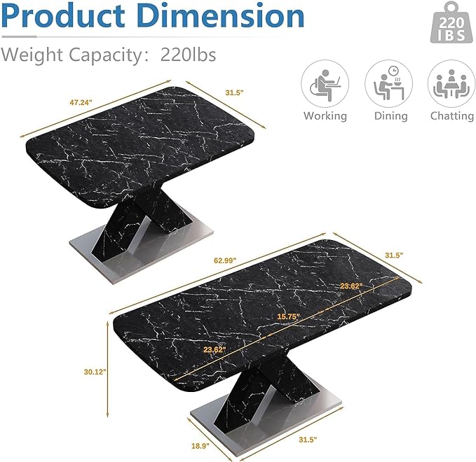 47.24"-62.99" Black Dining Table, Rectangular Stretchable Modern Dining Table