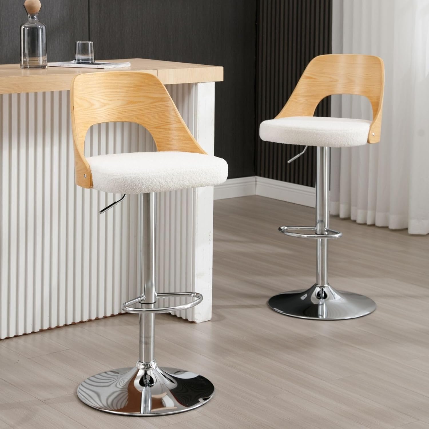 Swivel Bar Stools Set of 2, Adjustable Counter Height Barstools with Back, Sherpa Upholstered Barstool