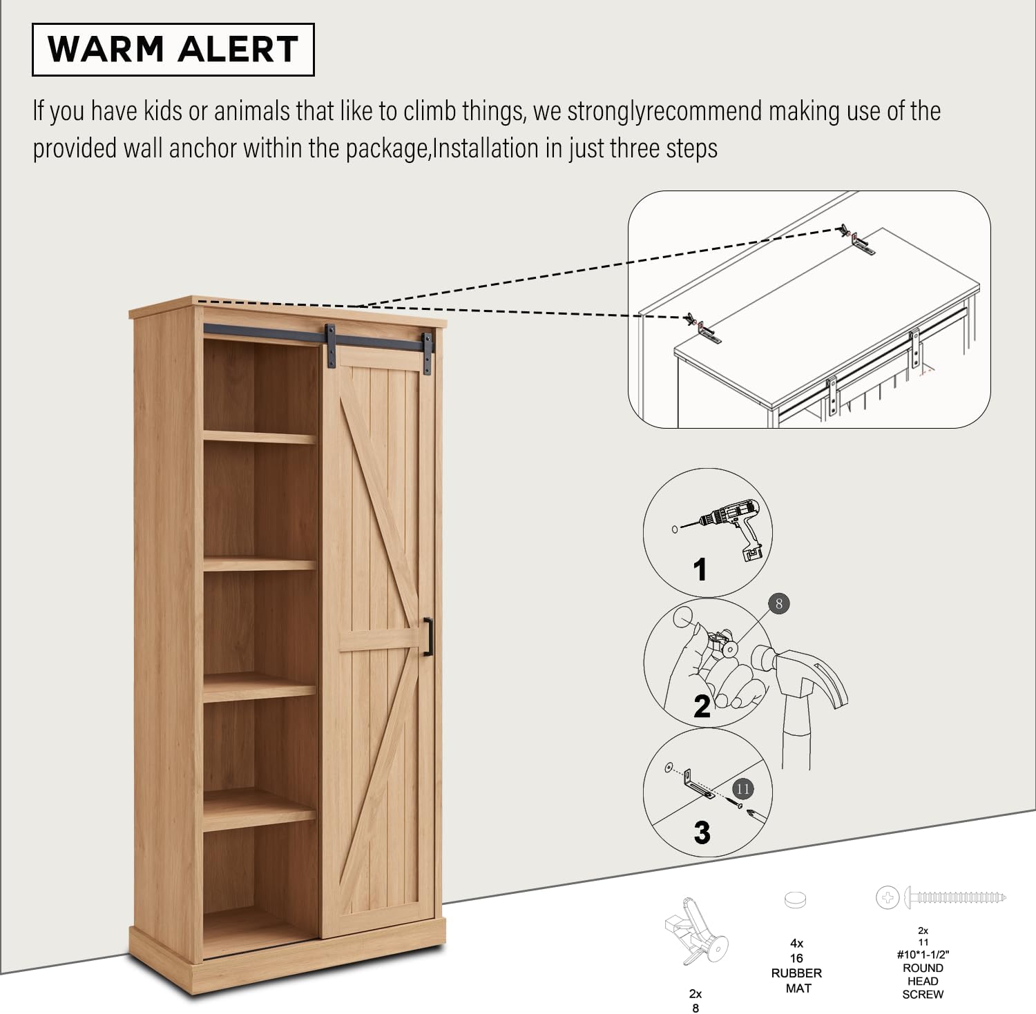 72” Tall Farmhouse Bookshelf, 32” Wide Large Modern Wooden Bookcase with Sliding Barn Door