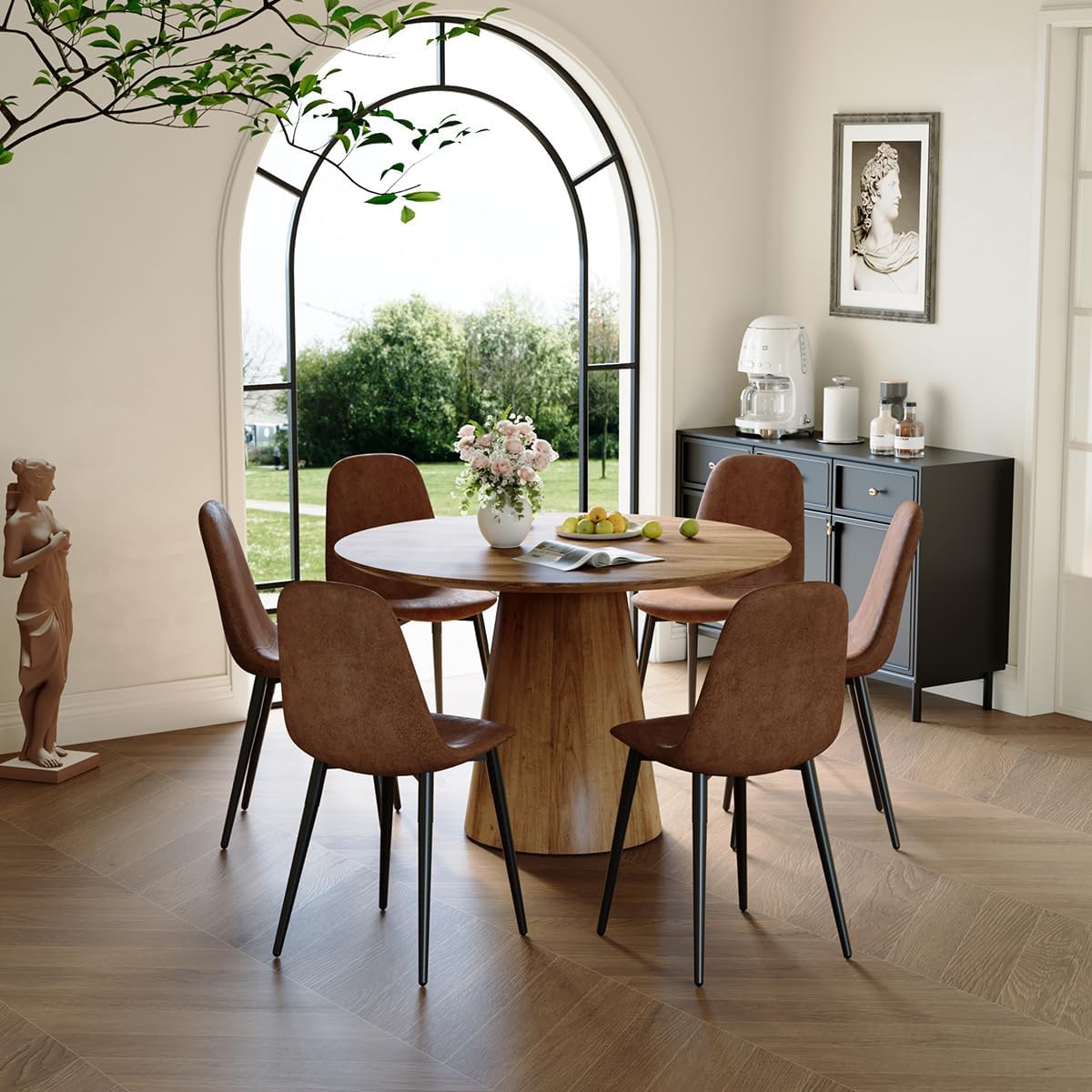 Round Dining Table Set for 6, 45''Round Wooden Dining Set with Cushioned Chairs