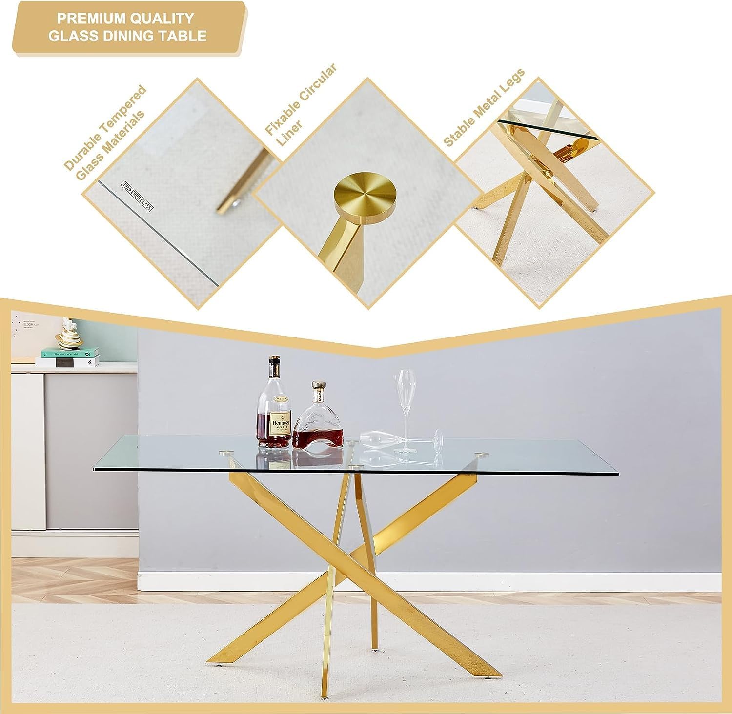 63" Rectangular Glass Dining Table with 0.39-Inch Clear Tempered Glass and 4 Chrome Legs