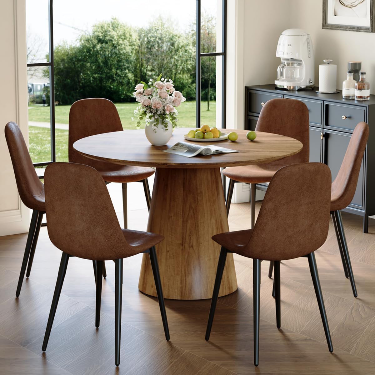 Round Dining Table Set for 6, 45''Round Wooden Dining Set with Cushioned Chairs