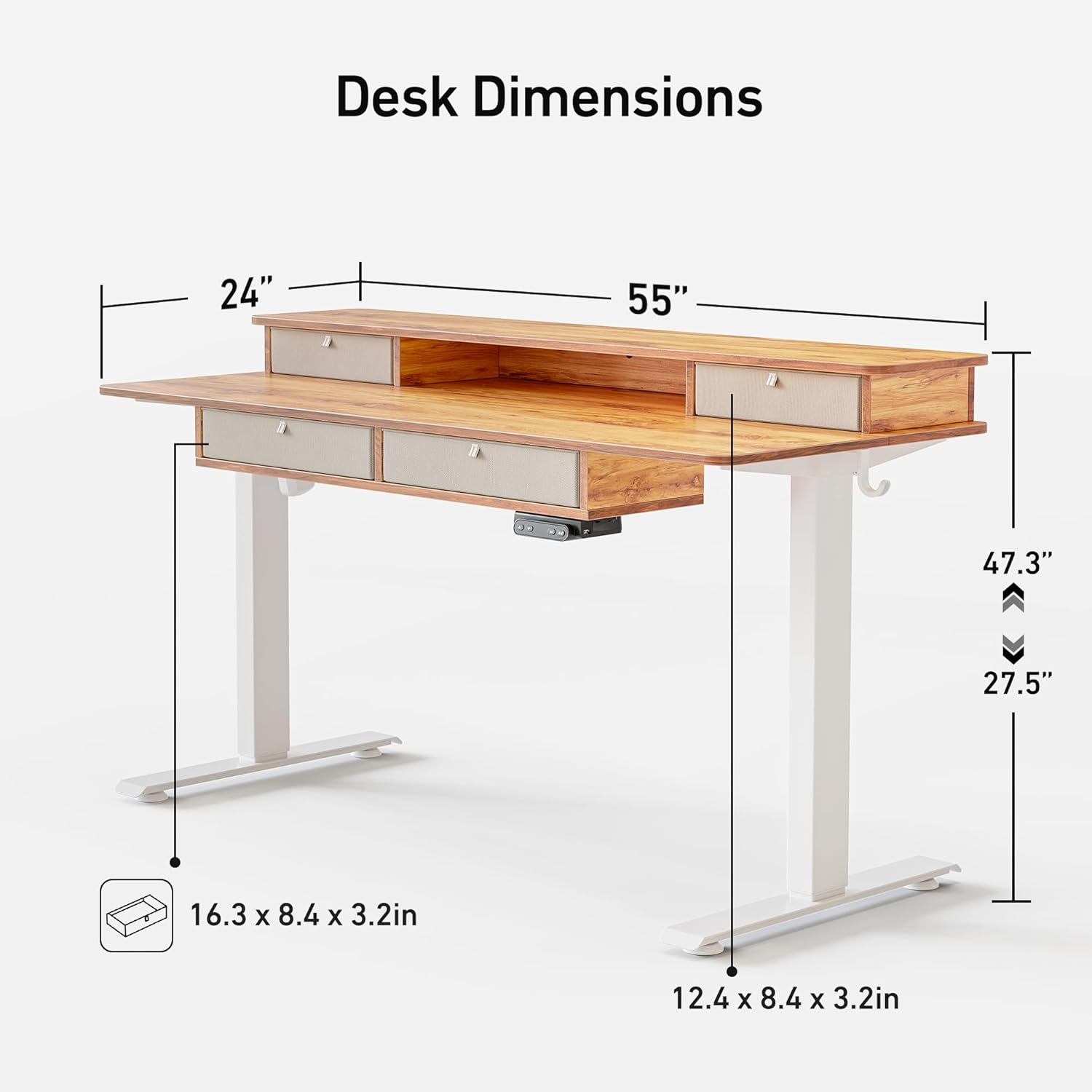 Sturdy Height Adjustable Electric Standing Desk with Drawers, 55 x 24 Inch Stand Up Table with Large Storage Shelf