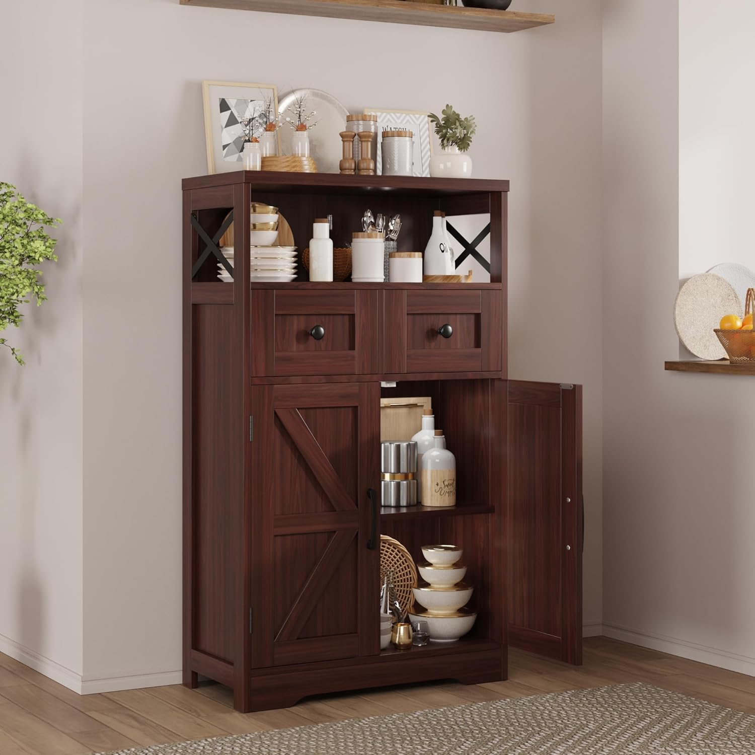Dark Brown Storage Cabinet with Doors and Shelves, Farmhouse Kitchen Pantry Cabinet with Storage, Coffee Bar Station Cabinet