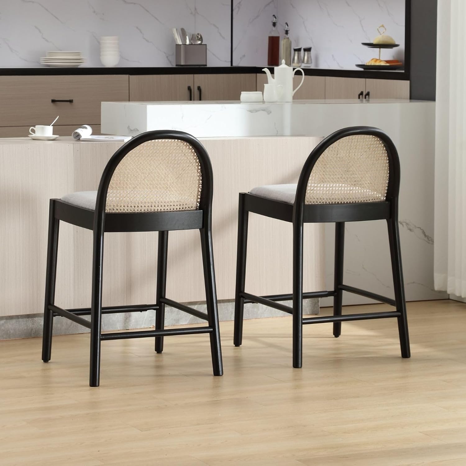 Modern Grey Rattan Counter Stools Set of 2, 26 Inch Height - Wooden Linen Upholstered Bar Stools