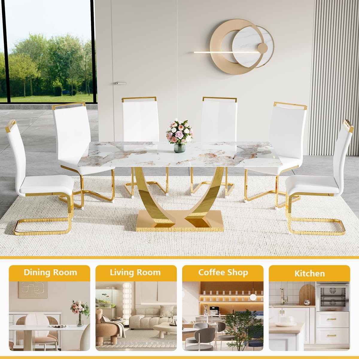 Dining Table Set for 6, 7 Pieces Faux Marble Dining Table Set & 6 PU Upholstered Chairs