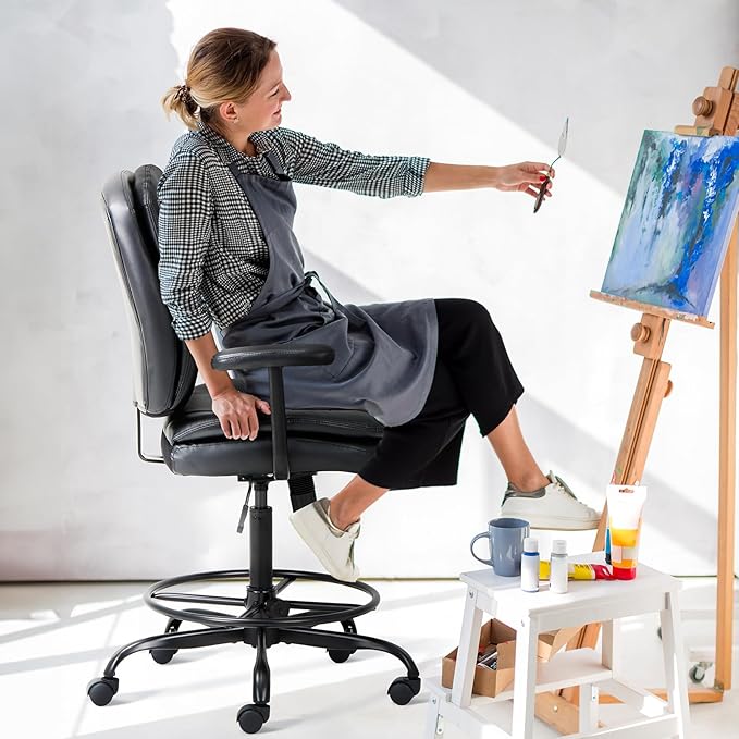 Leather Drafting Chair-Tall Office Chair 275lbs, Standing Desk Chair with Adjustable Footrest Ring, High Office Counter Height Desk Chair Black