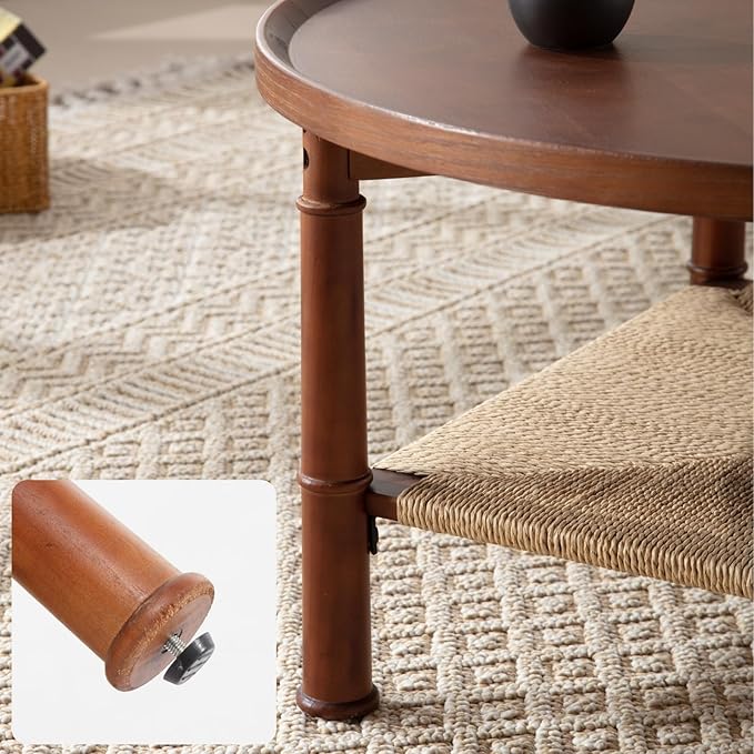 Round Wood Coffee Table for Living Room, Oak Wooden 2 Tier Circle Coffee Table