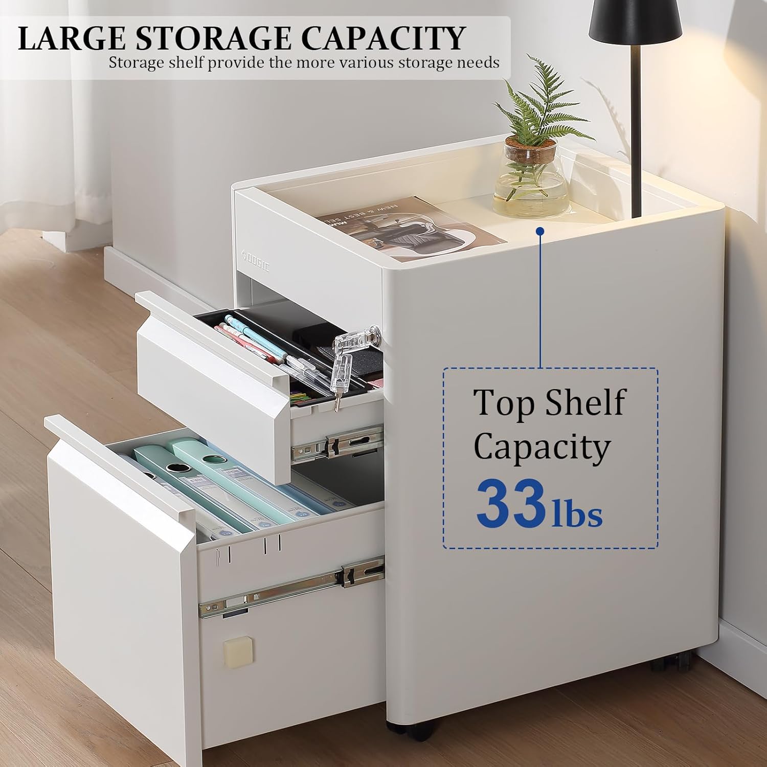 2 Drawer Mobile File Cabinet Top Storage Shelf, Rolling Metal Filing Cabinet for Legal & Letter File Anti-tilt Design with Lock