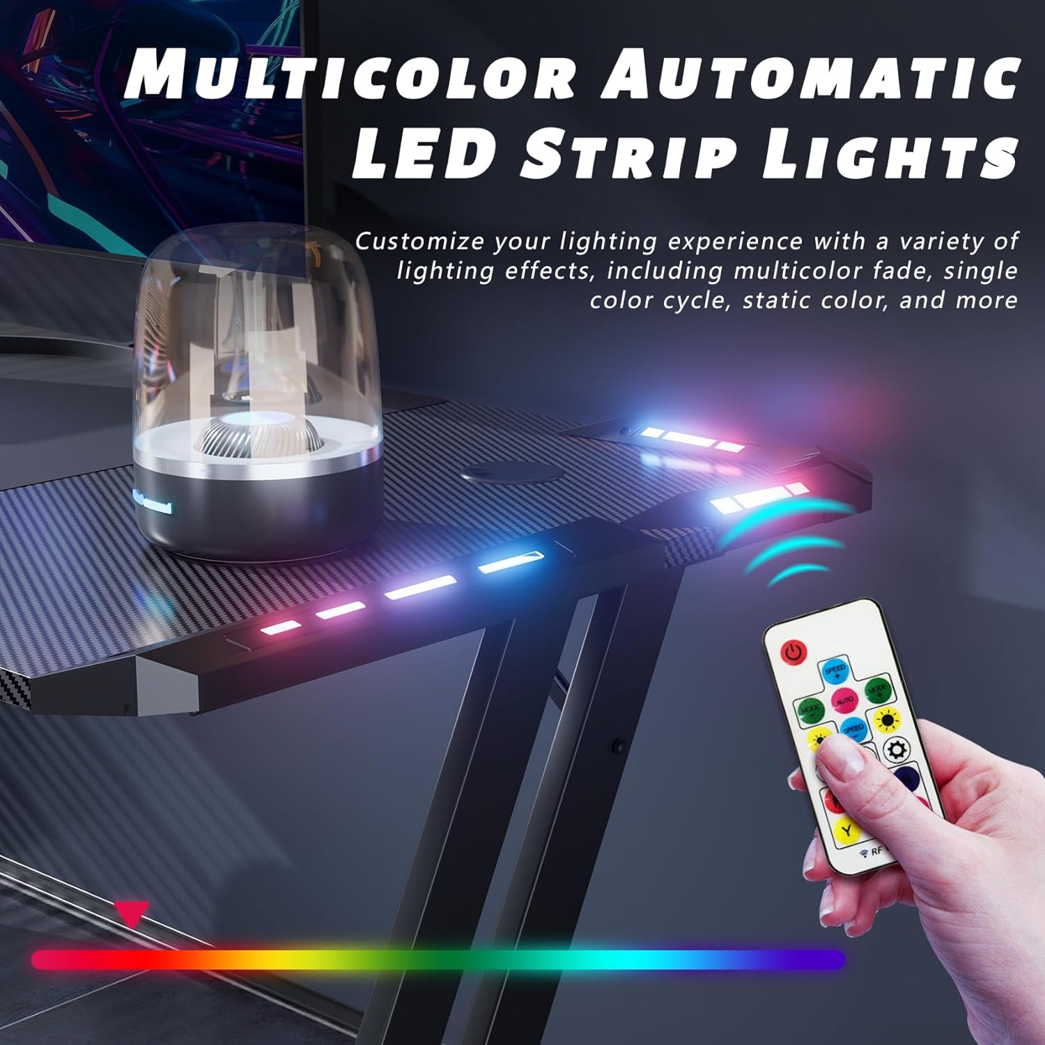 63 Inch Gaming Desk with LED Lights Carbon Fibre Surface Gaming Table Large Computer Desk