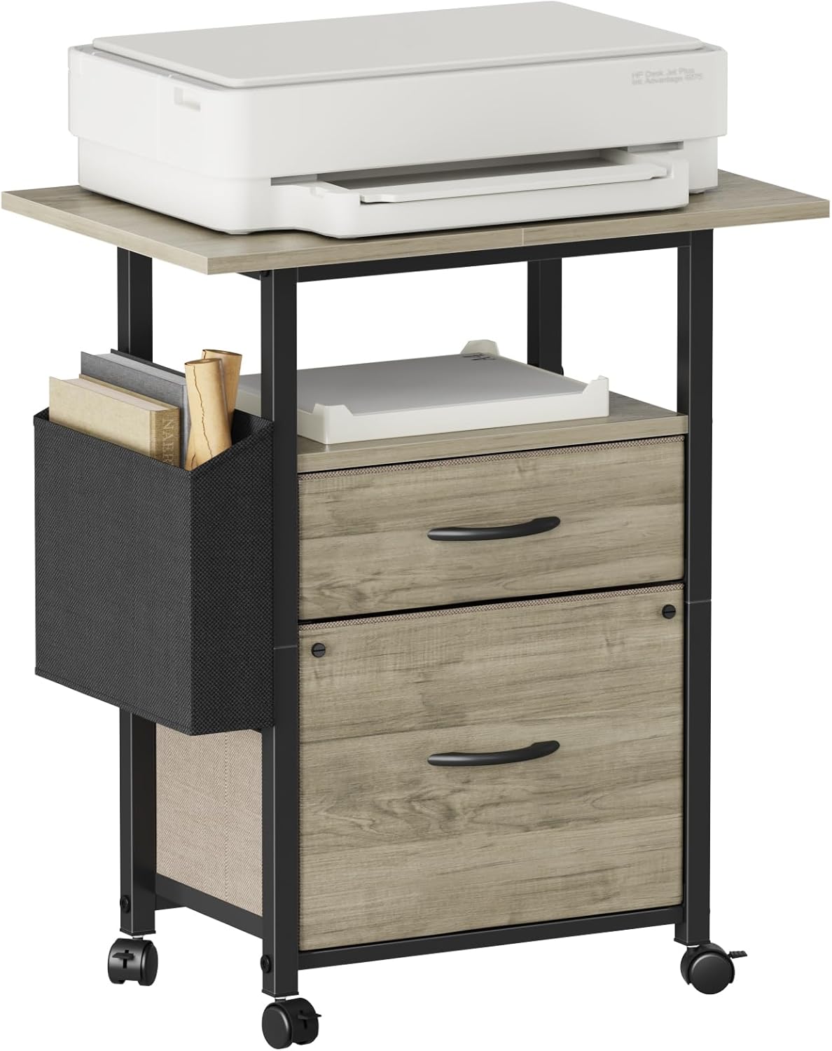 2 Drawer File Cabinet with 24'' Extended Desktop, Mobile Filing Cabinet, Rolling File Cabinet with Side Bag