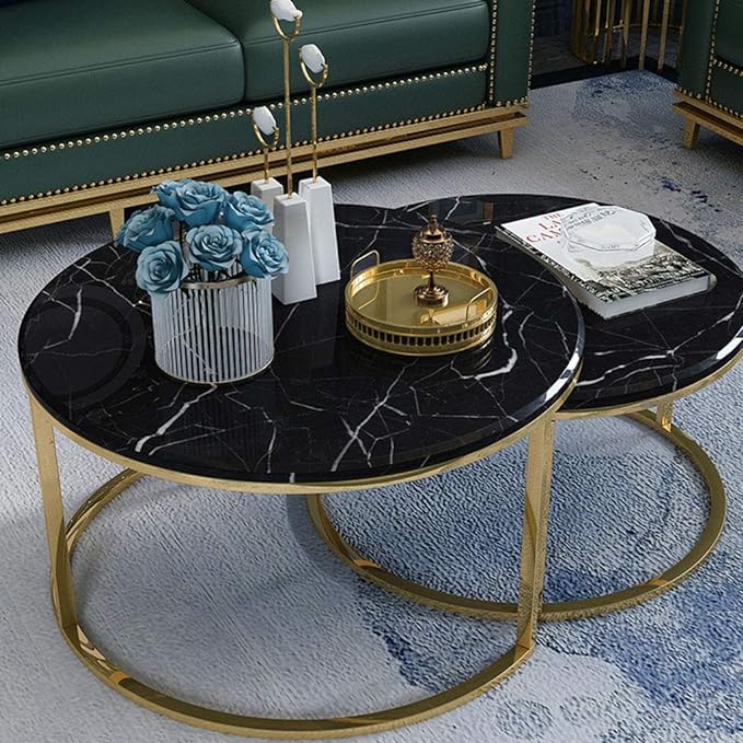 Set of 2 Stackable Round Coffee Table/Side Table Metal Golden Frame & Marble Desktop