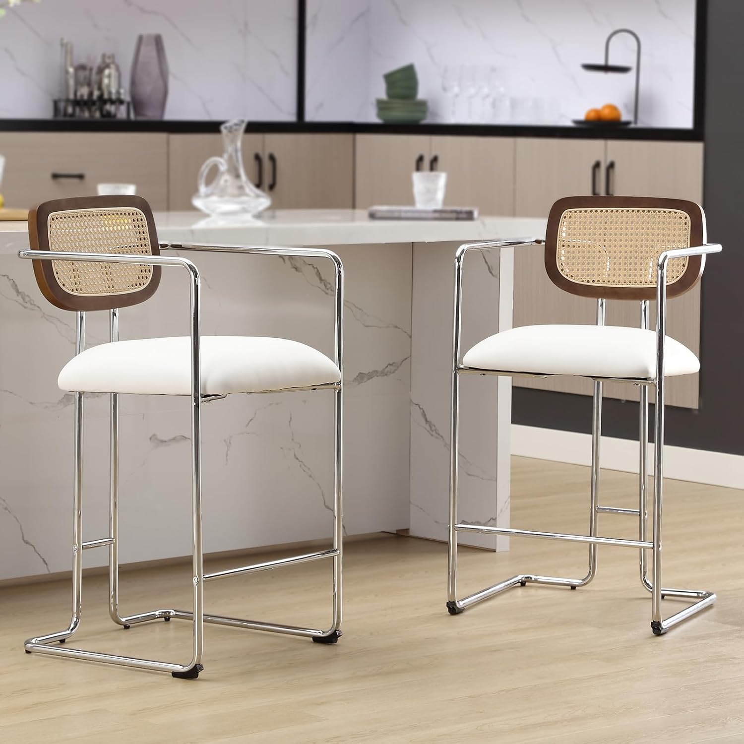 Mid-Century Modern Bar Stools Set of 2, 26" Counter Height Stools with Rattan Back