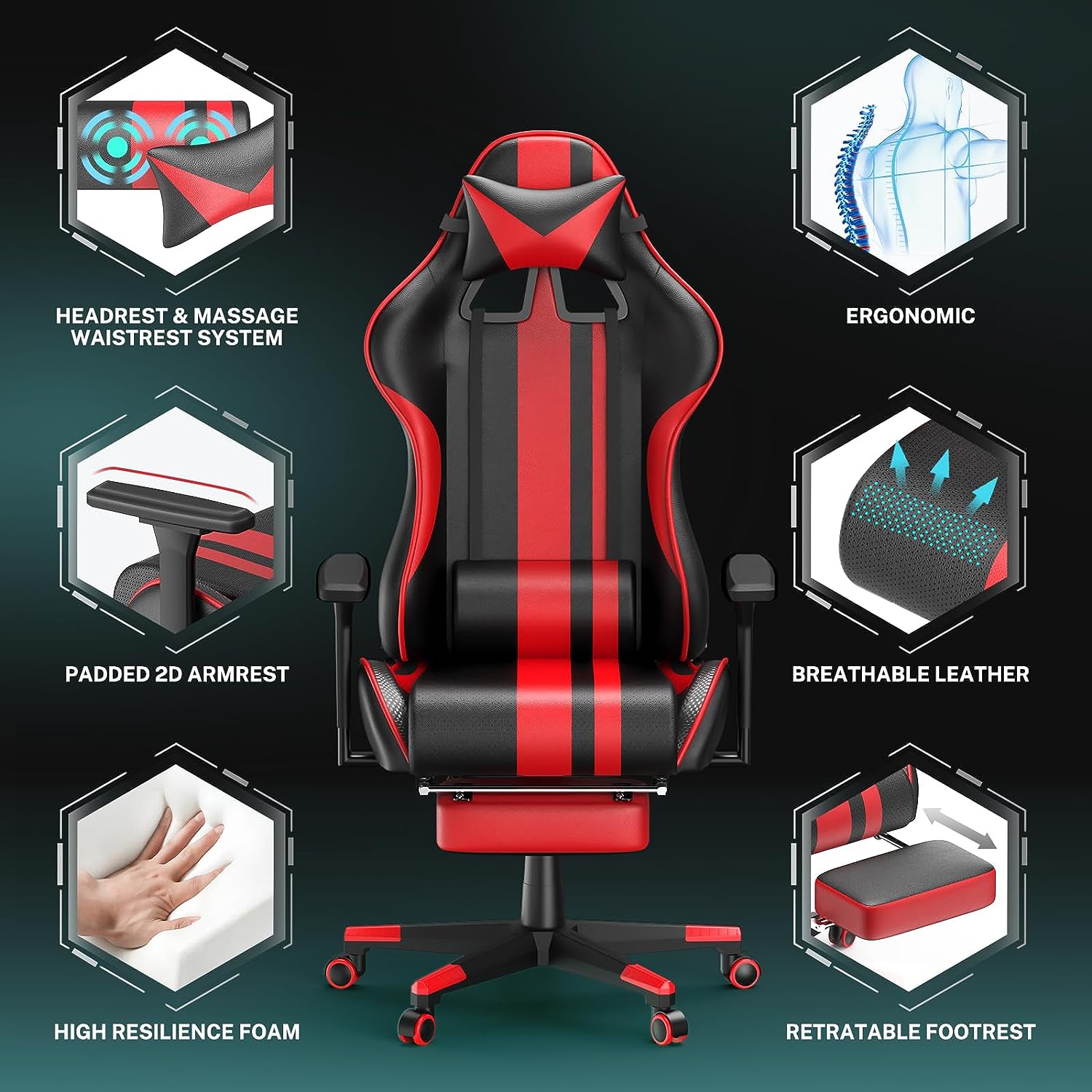Leather Ergonomic Gaming Chairs for Adults with Massage Lumbar Support & Headrest for Office Work