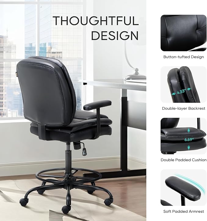 Leather Drafting Chair-Tall Office Chair 275lbs, Standing Desk Chair with Adjustable Footrest Ring, High Office Counter Height Desk Chair Black