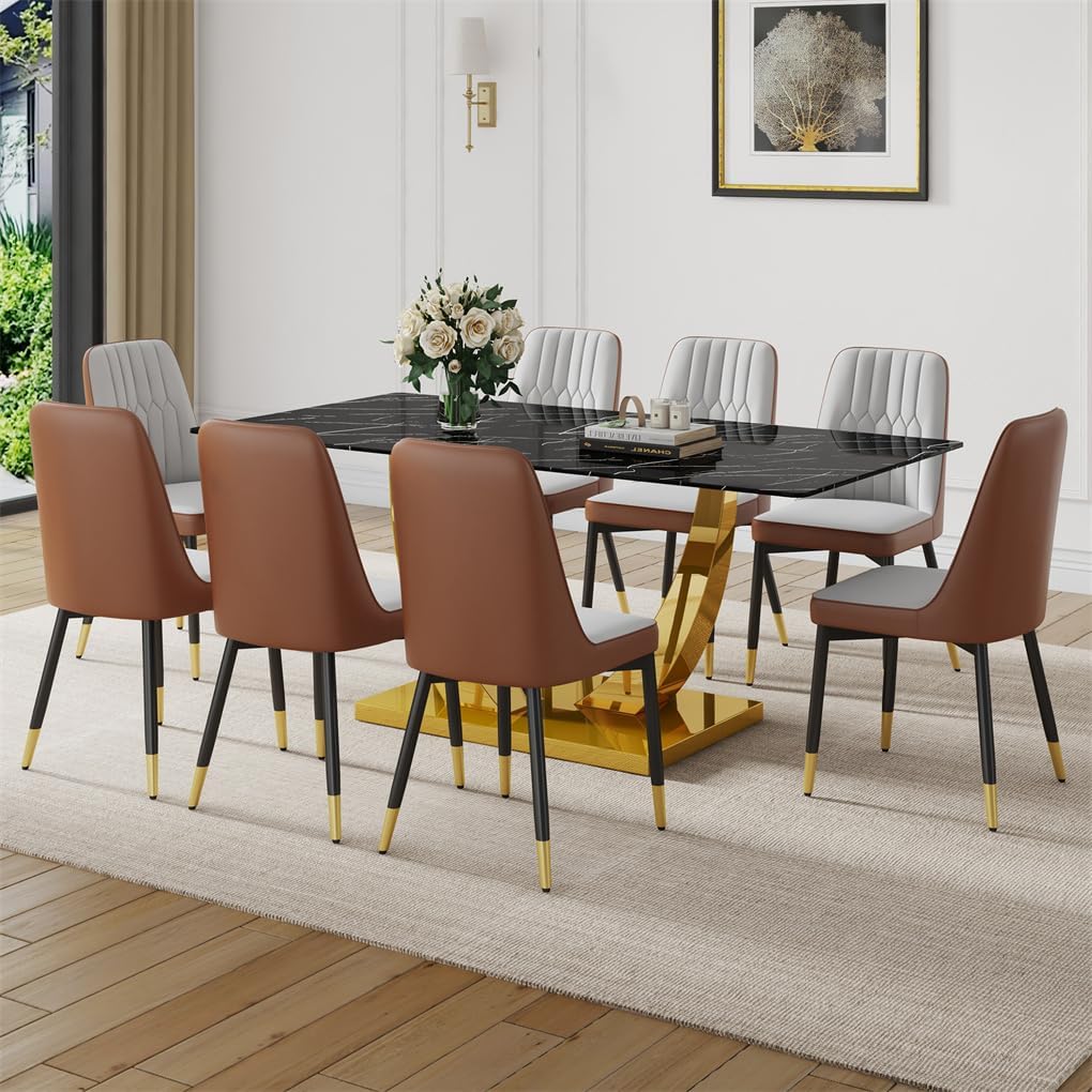 71" Dining Table Set for 8, Faux Marble Dining Room Table Top with Metal U-Shaped Leg and Base