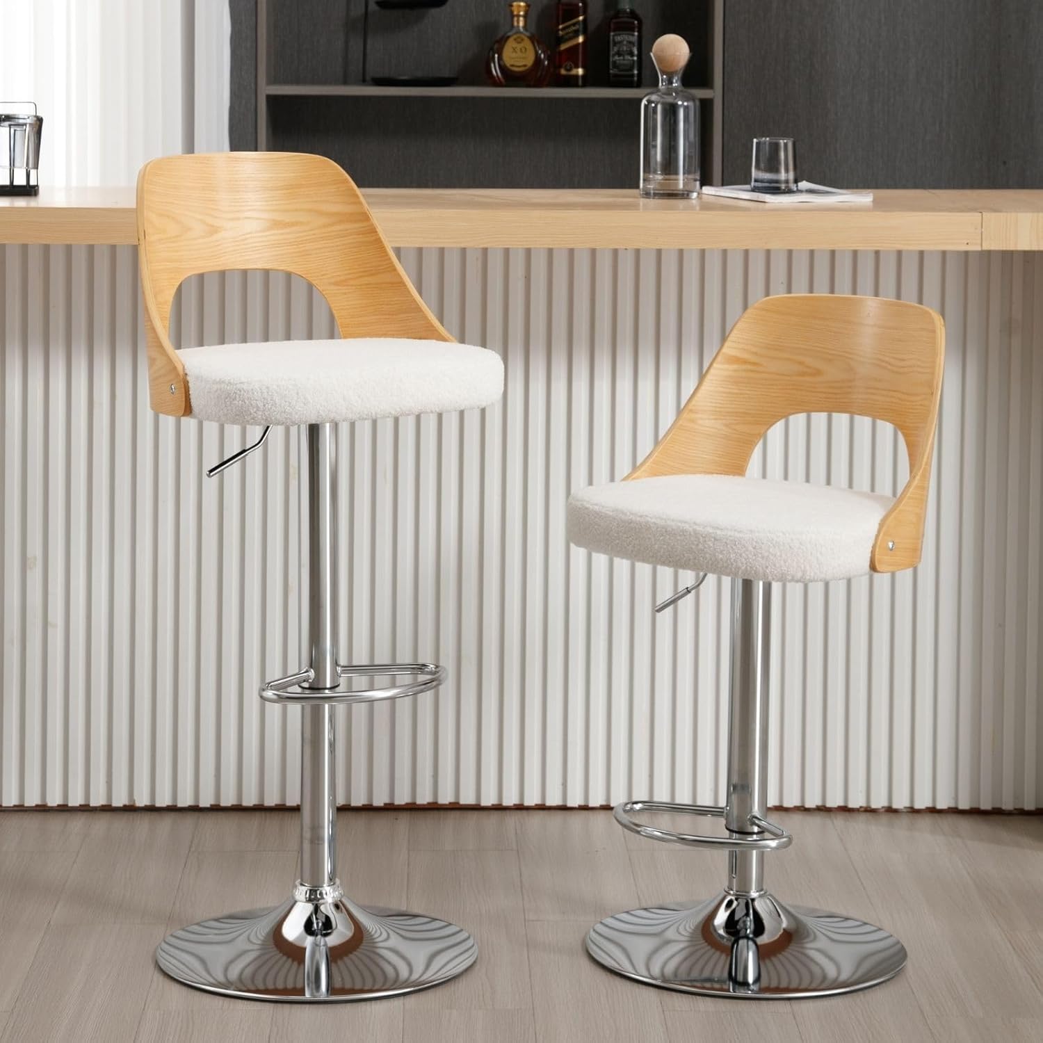 Swivel Bar Stools Set of 2, Adjustable Counter Height Barstools with Back, Sherpa Upholstered Barstool