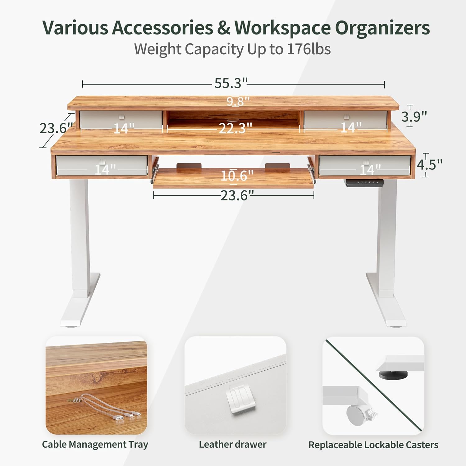 Height Adjustable Electric Standing Desk with 4 Drawers and Keyboard Tray, 55 x 24 Inch Table with Storage Shelf