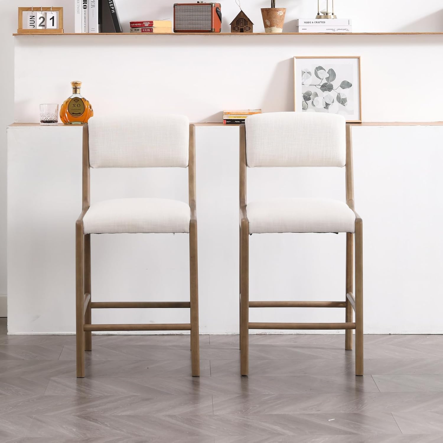 Linen Counter Height Stools Set of 2, 26" Seat Height Low Bar Stools with Natural Color Solid Wood Legs