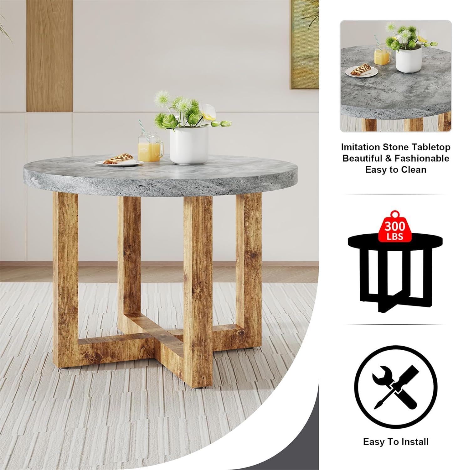 Round Dining Table Set for 4, Farmhouse Kitchen Table Small 42 Inch Dinner Table Wood Round Coffee Table