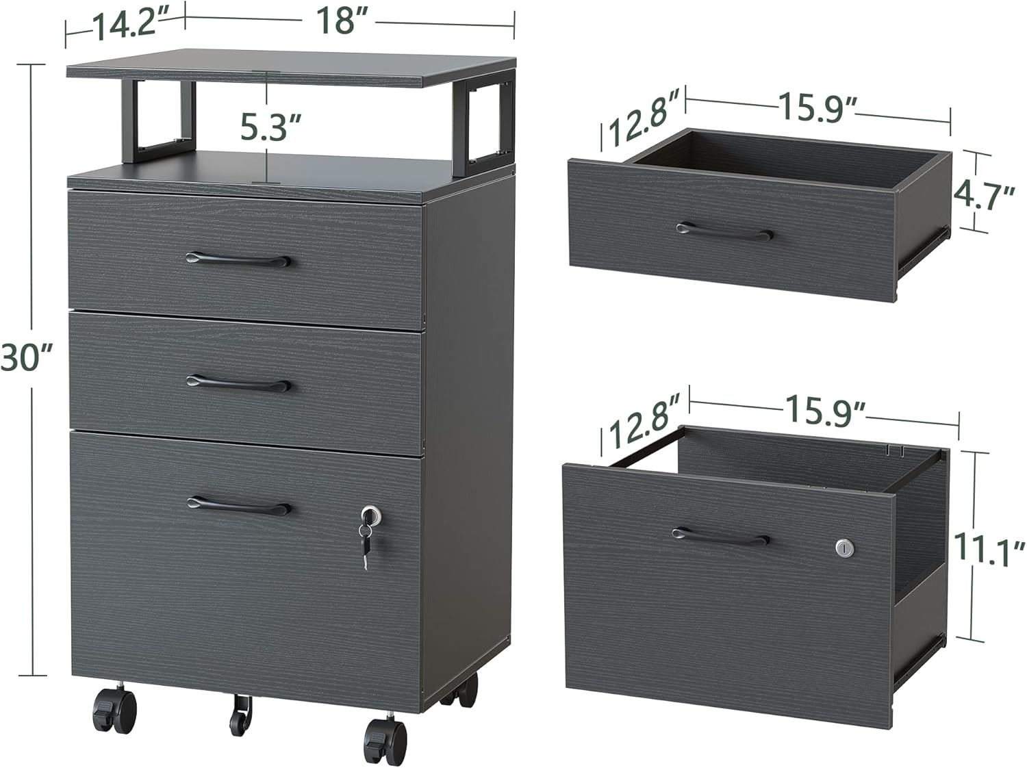 File Cabinet with Lock for Home Office, 3-Drawer Rolling Filing Cabinet, Home Office File Cabinet for A4/Letter/Legal Size