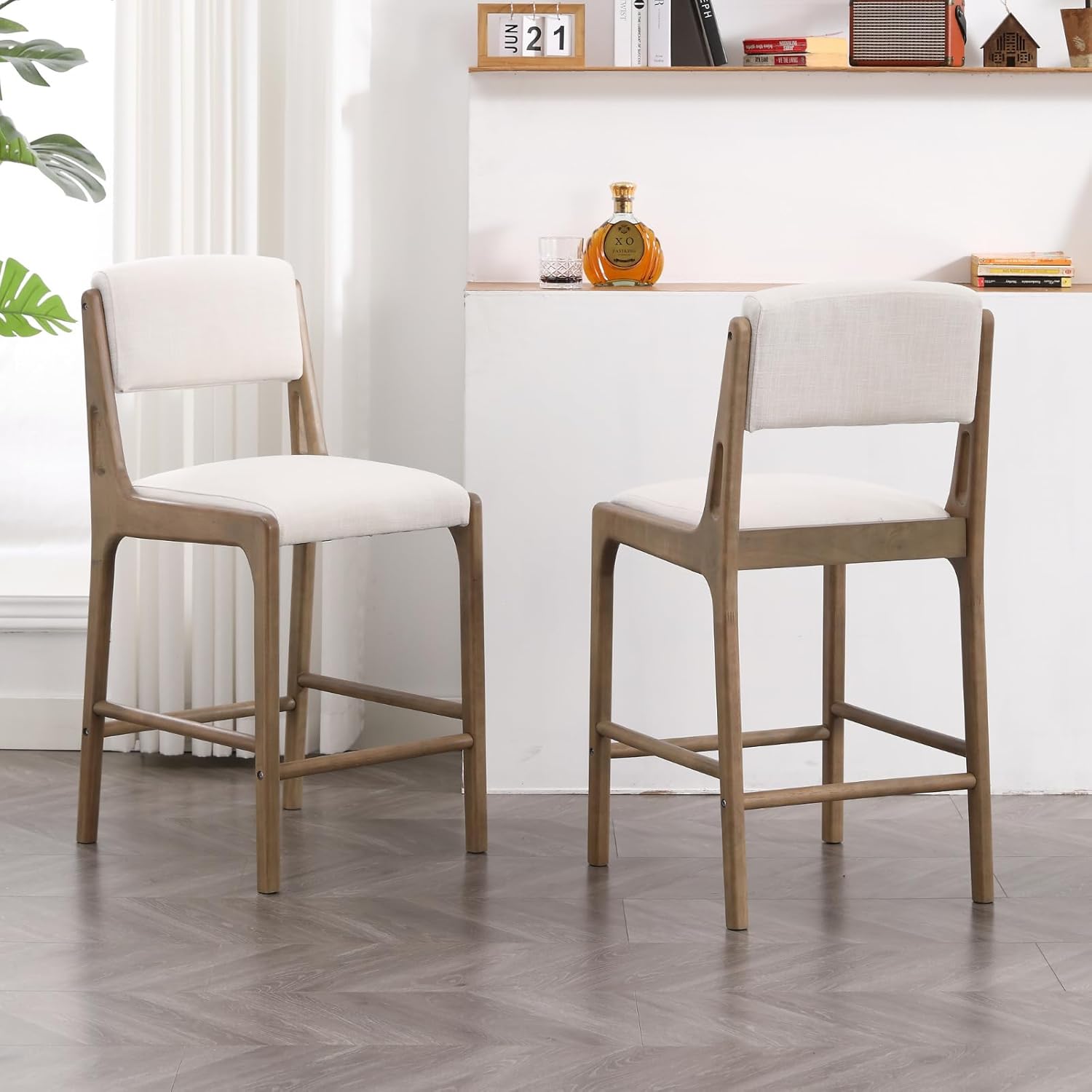 Linen Counter Height Stools Set of 2, 26" Seat Height Low Bar Stools with Natural Color Solid Wood Legs