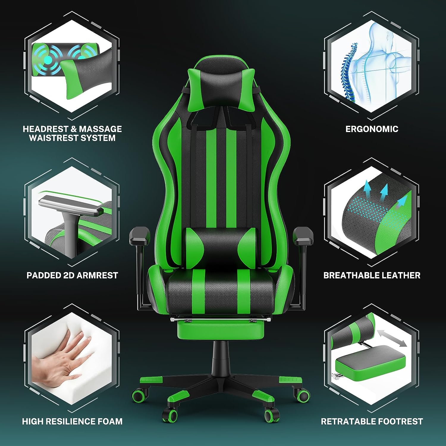 Green Gaming Chair with Footrest,Racing Ergonomic Massage Gaming Chairs for Adults Work in Office