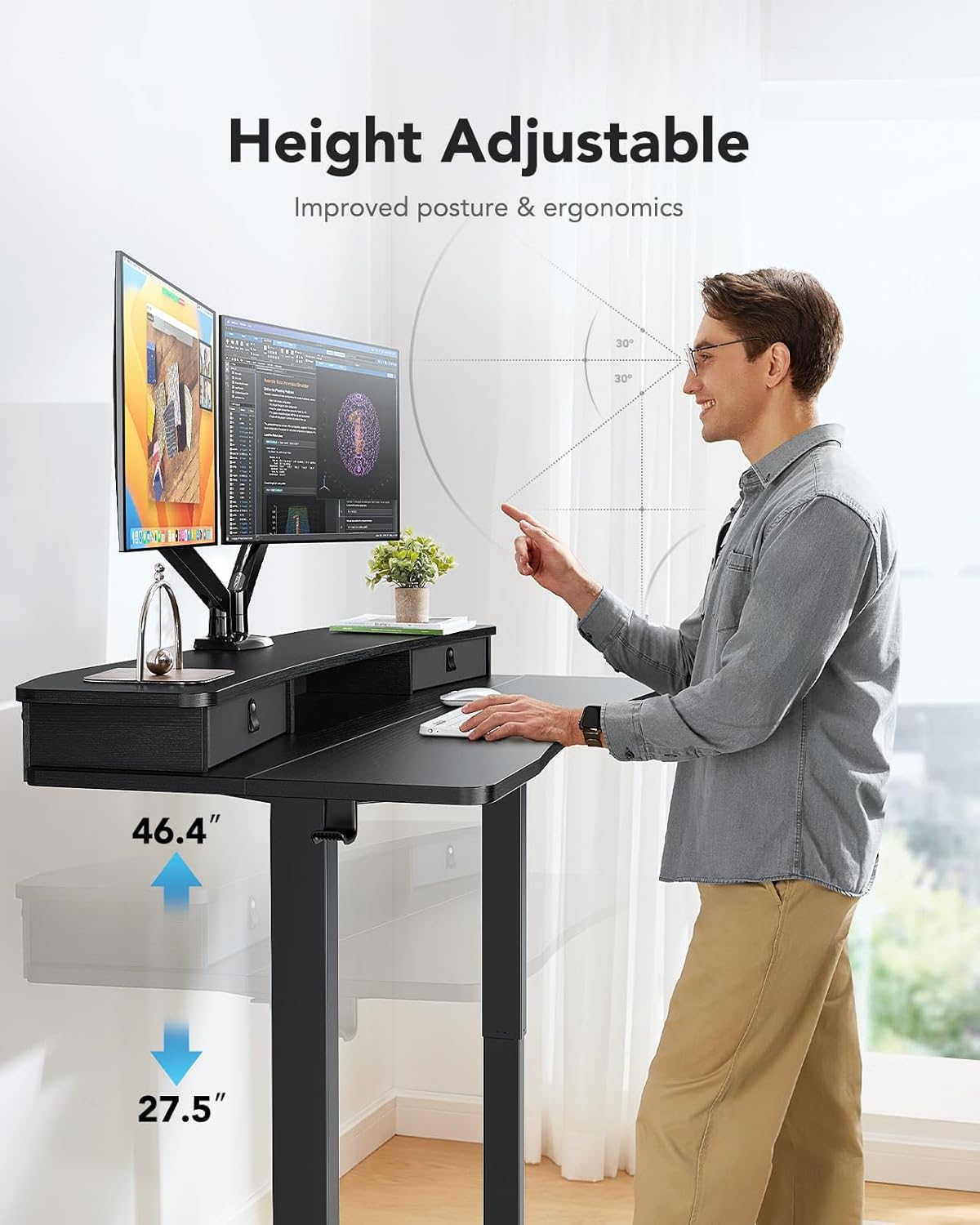 48″ x 24″ Electric Standing Desk with 2 Drawers, C-Clamp Mount Compatible, Height Adjustable Computer Desk