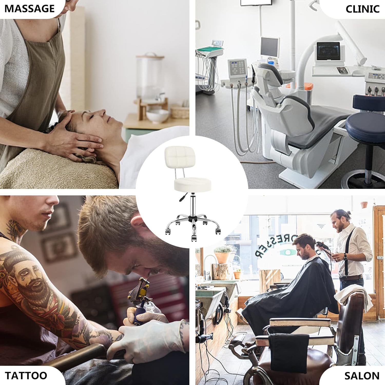 Rolling Stool with Back Support Height Adjustable Swivel Hydraulic Metal Massage Stool with Backrest