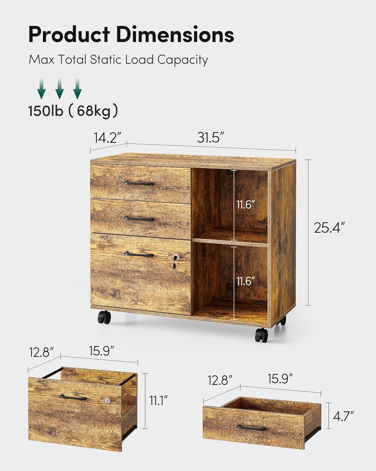 3-Drawer Mobile File Cabinet, Lateral Filing Cabinet with Lock