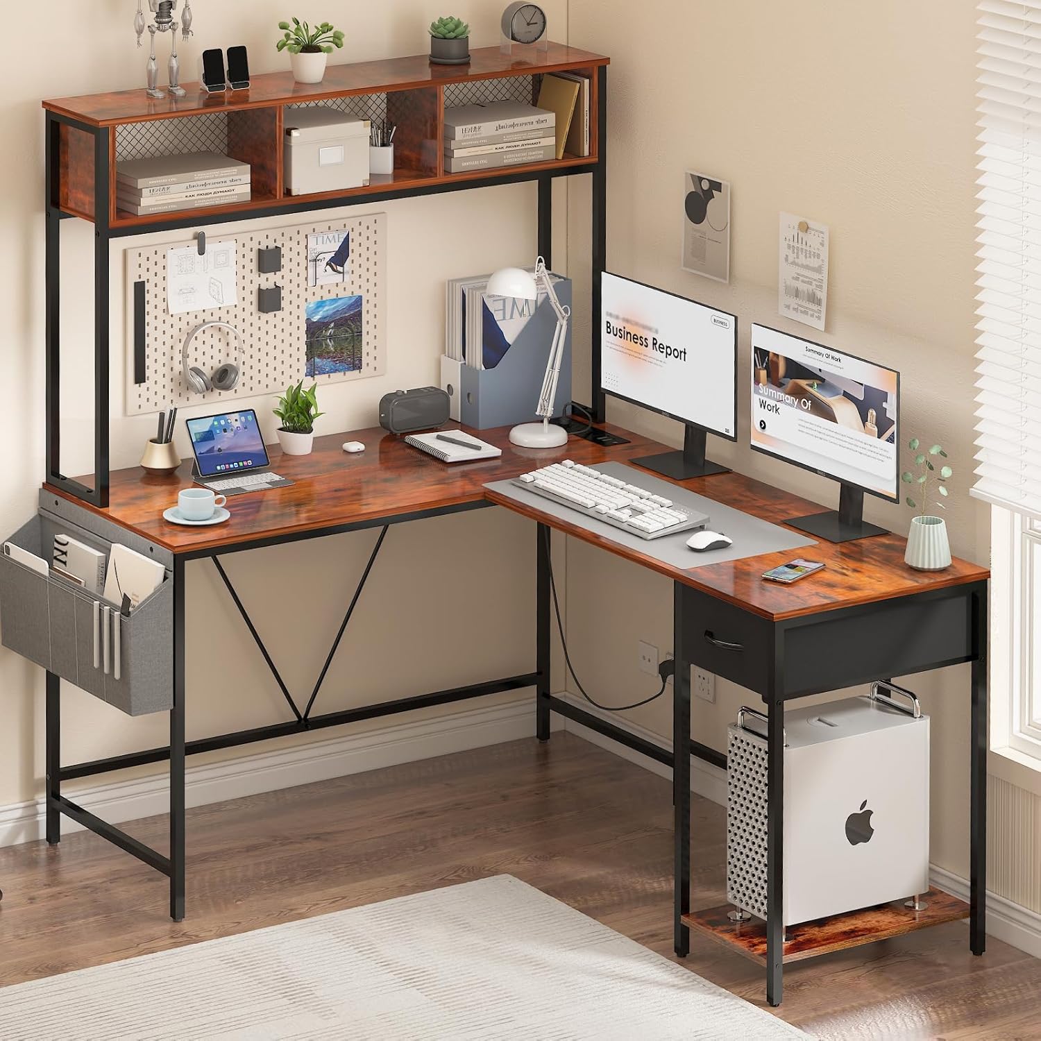 L Shaped Desk with LED Strip & Power Outlet, Reversible L-Shaped Computer Desk, Corner Desks Home Office Desk with Drawer