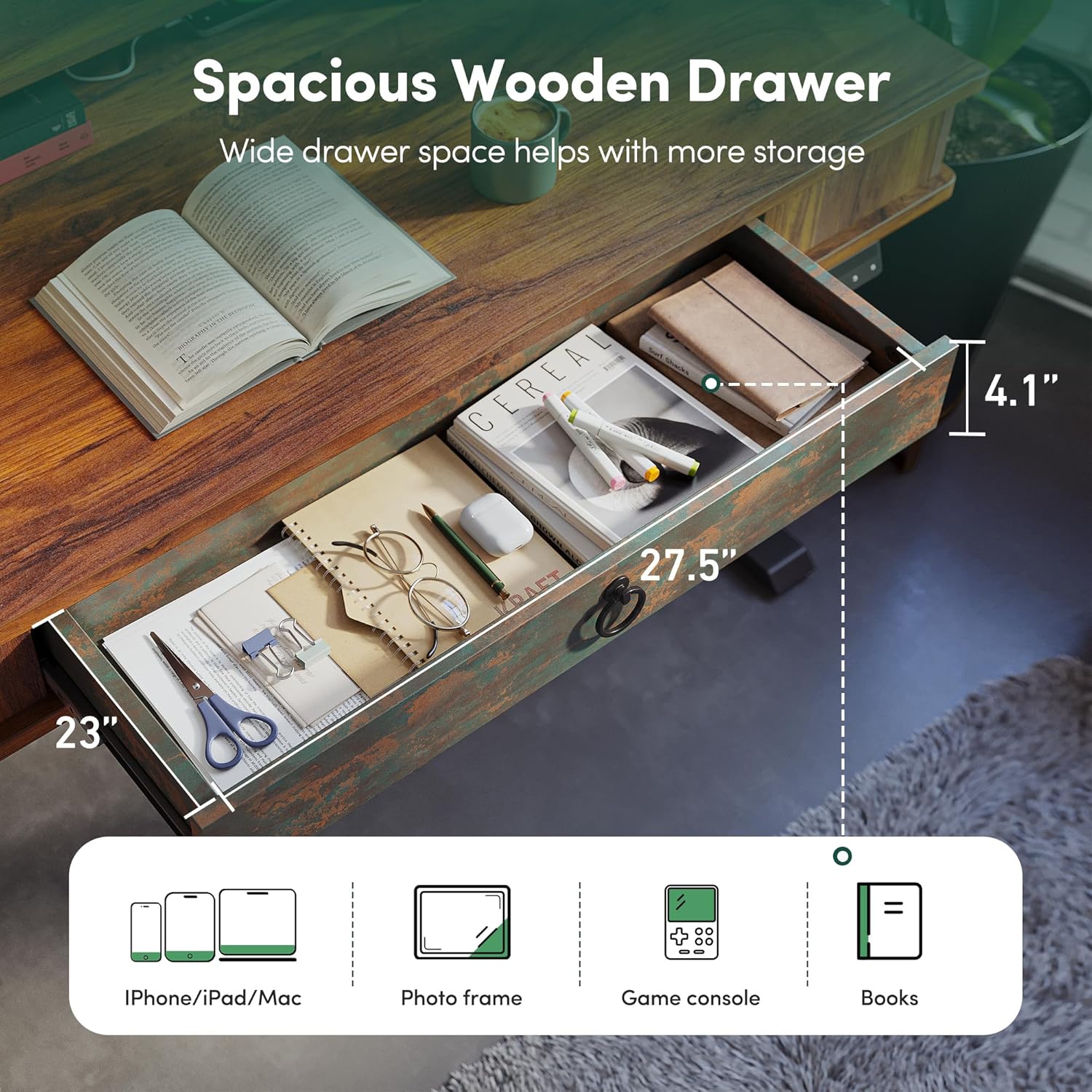 48 x 24 inches Whole-Piece Standing Desk Adjustable Height with 3 Drawers