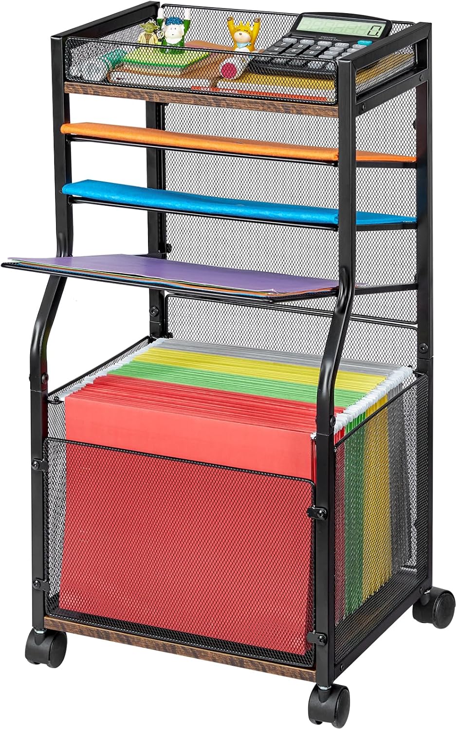 5-Tier Rolling File Cart with Hanging File Folders, Mobile Desk File Organizer on Lockable Wheels