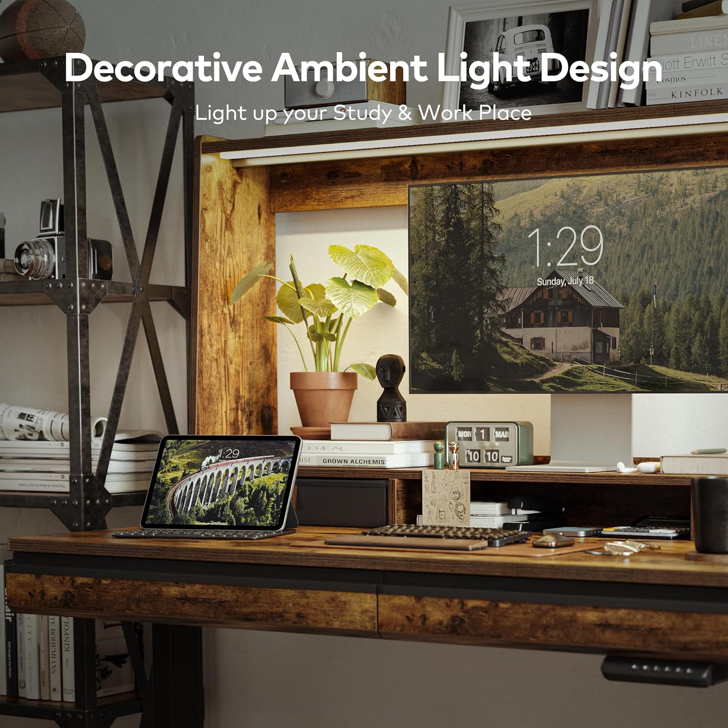 55 x 27.5 Inches Electric Standing Desk with Open Shelf&LED Strip, Adjustable Height Sit Stand Up Desks with 4 Drawers