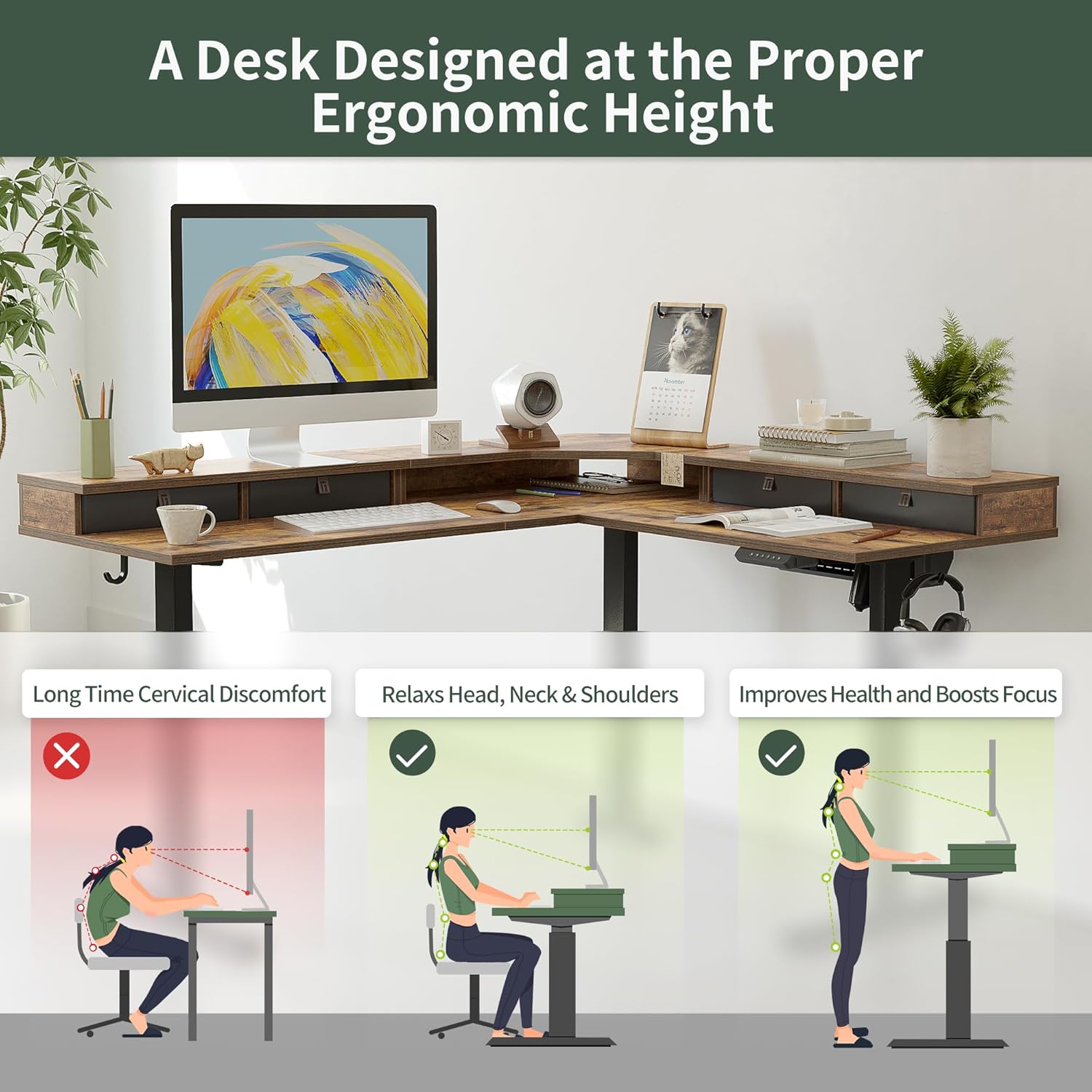 63" L Shaped Standing Desk with Drawers, Electric Adjustable Height Standing Gaming Desk L Shape