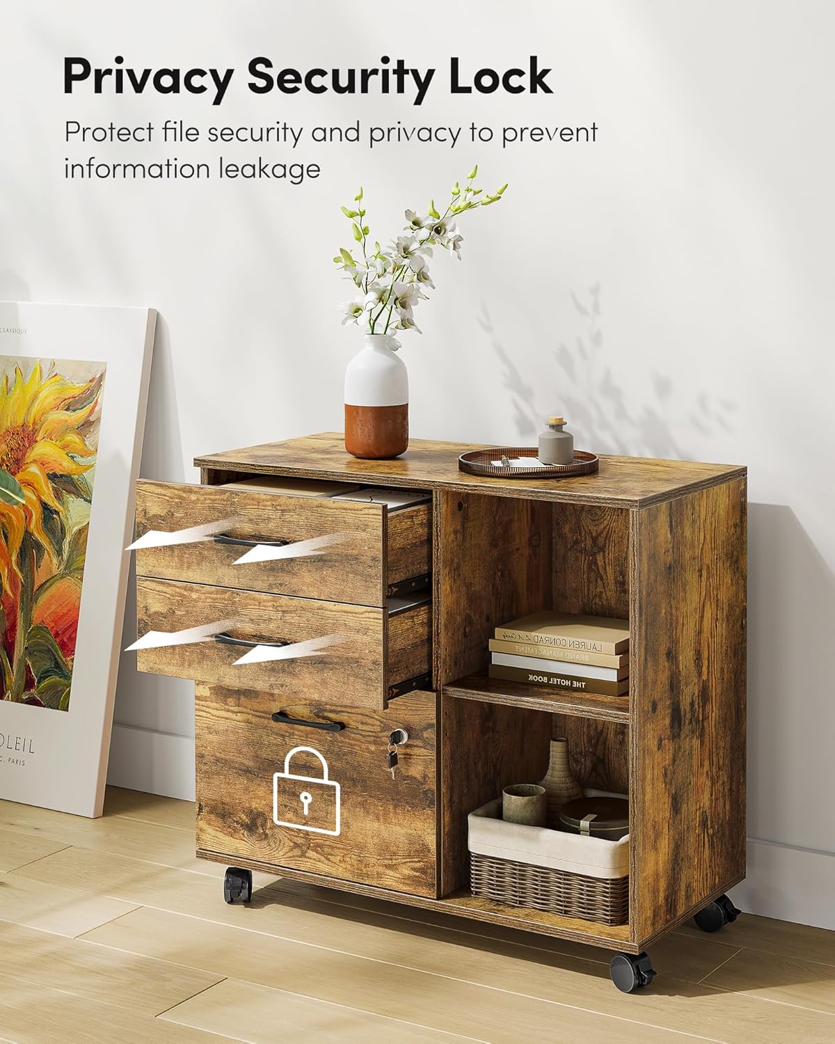 3-Drawer Mobile File Cabinet, Lateral Filing Cabinet with Lock