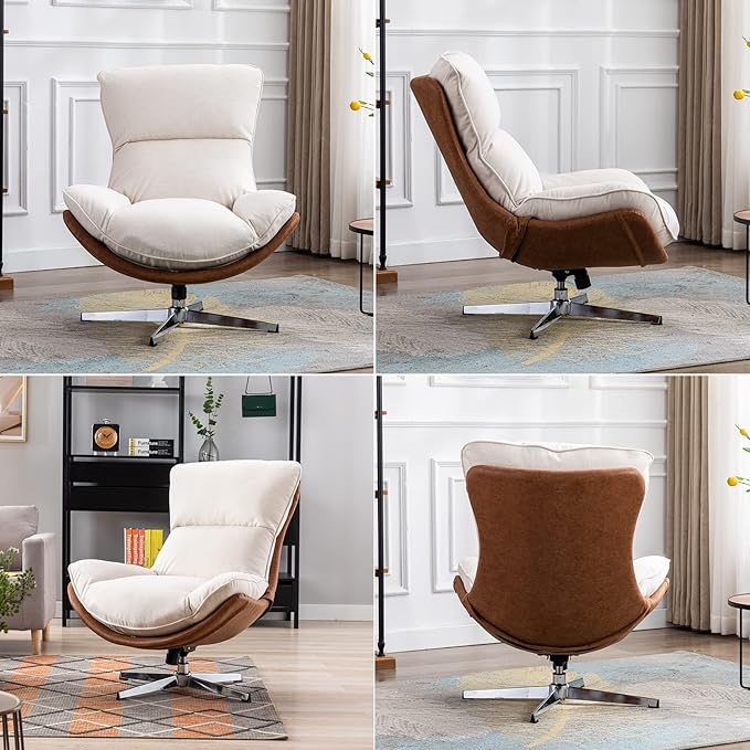 Swivel Accent Chair, Modern Linen Soft Foam Lounge Chair with High Back