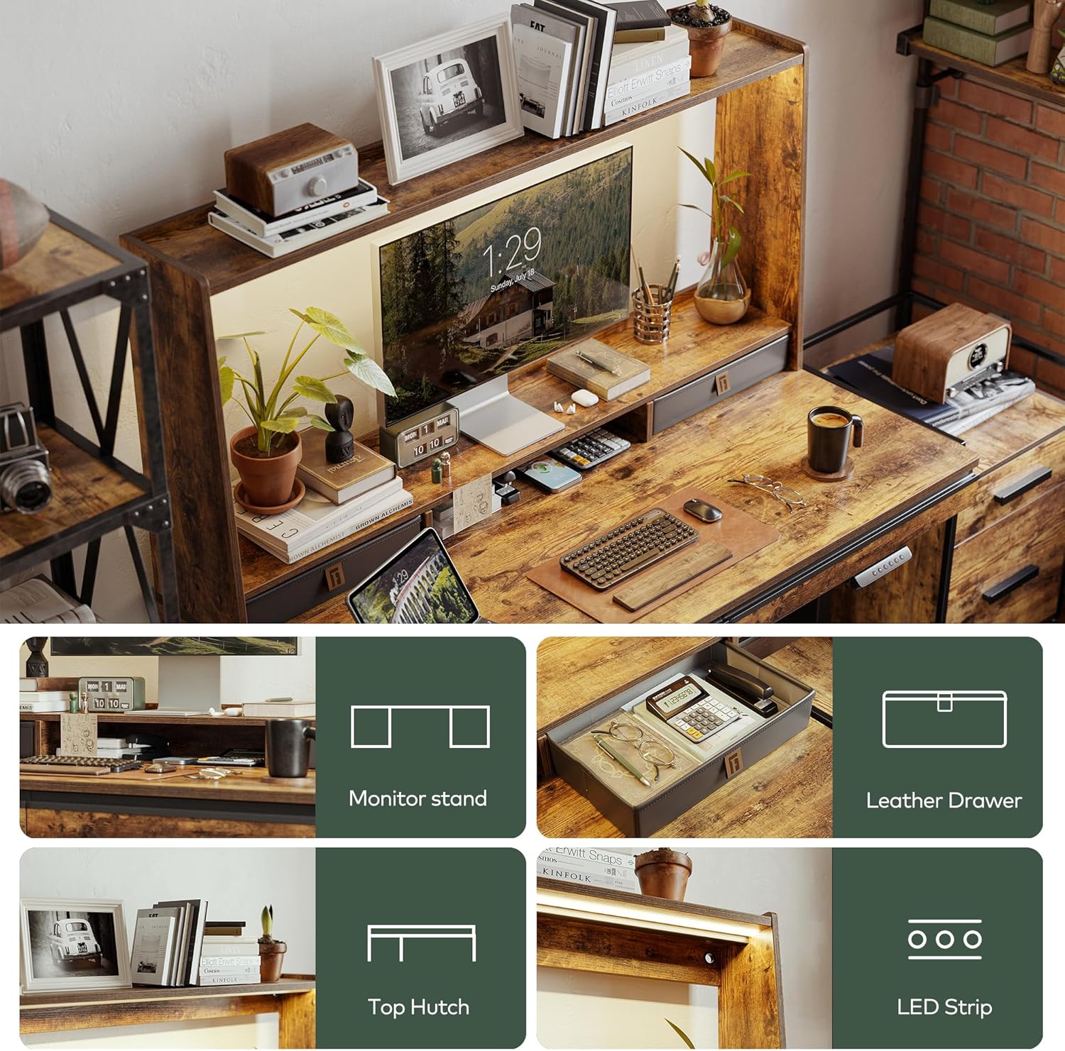 55 x 27.5 Inches Electric Standing Desk with Open Shelf&LED Strip, Adjustable Height Sit Stand Up Desks with 4 Drawers