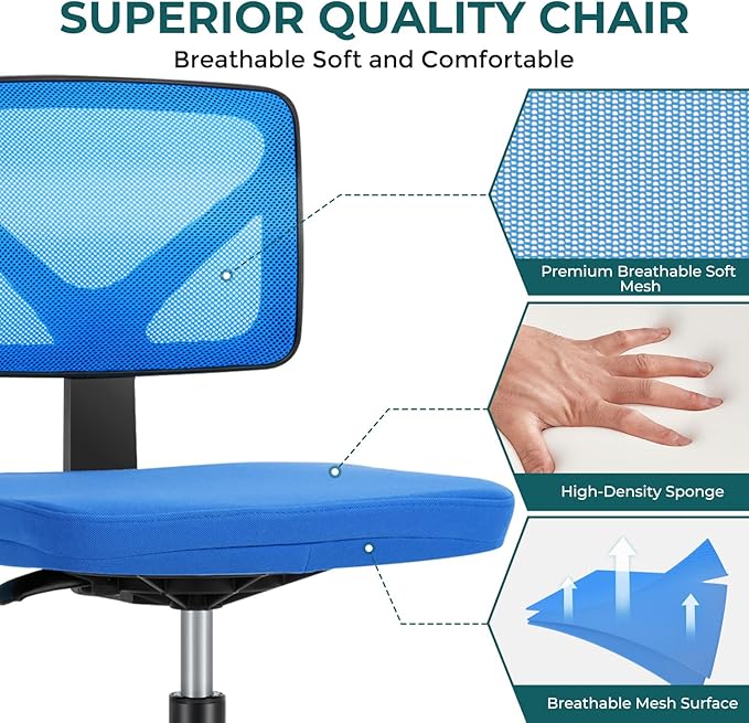 Armless Desk Chairs with Wheels Cute Home Office Chair No Arms, Ergonomic Adjustable Swivel Rolling Task Chair