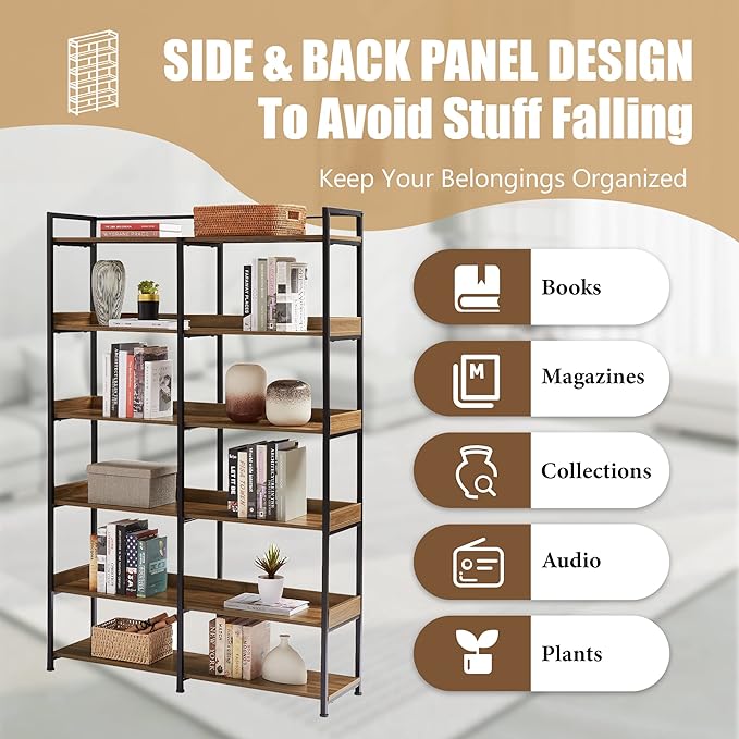 71 Inch Tall Bookshelf, 6-Tier Industrial Bookshelf