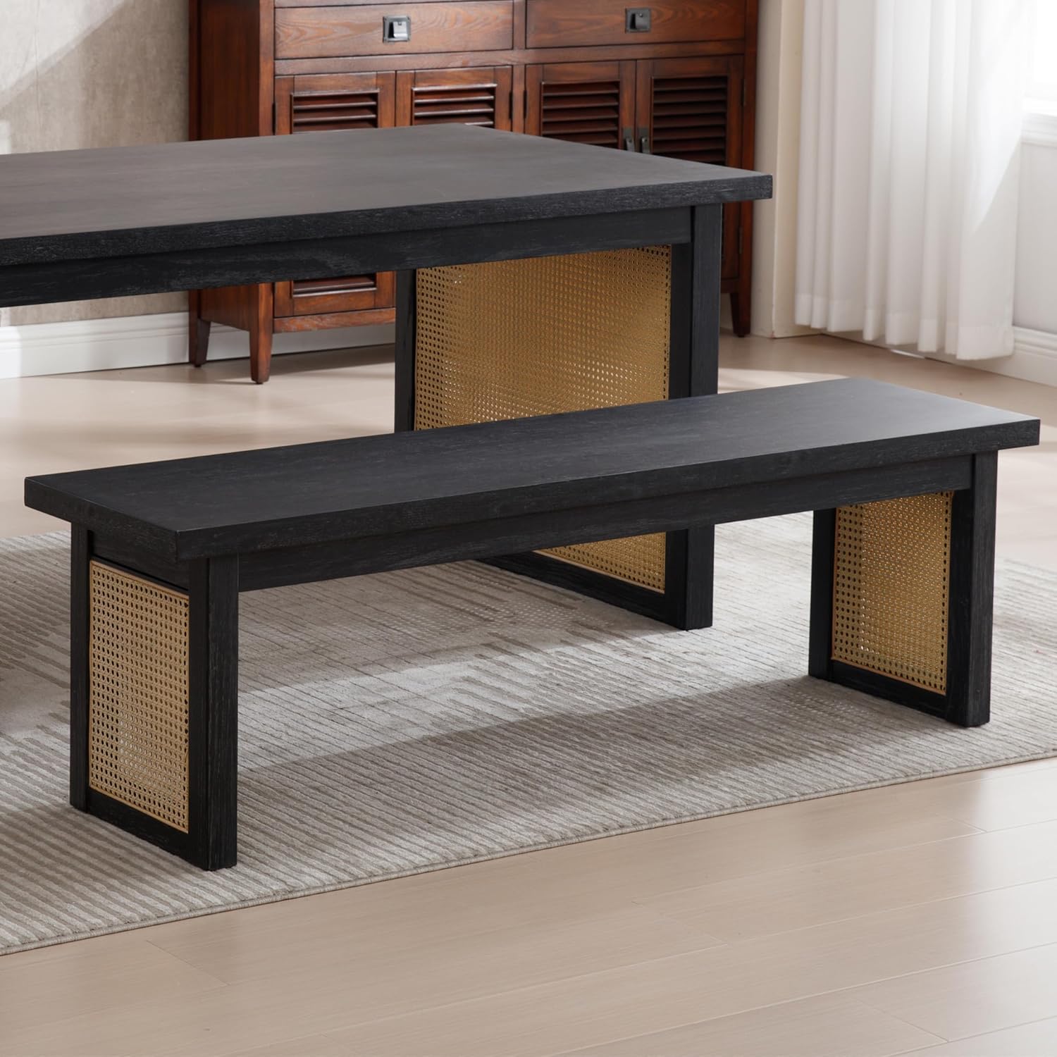 60" Wood Dining Bench with Rattan Fininsh, Farmhouse Indoor Kitchen Table Bench