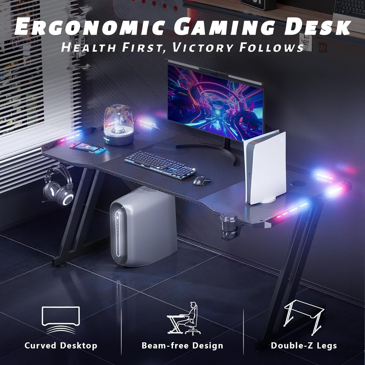 63 Inch Gaming Desk with LED Lights Carbon Fibre Surface Gaming Table Large Computer Desk