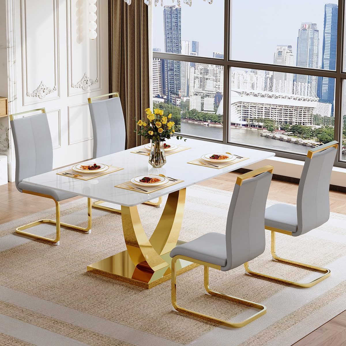 White Dining Table Set for 4, Faux Marble Dining Table with Stainless Steel Leg and Base
