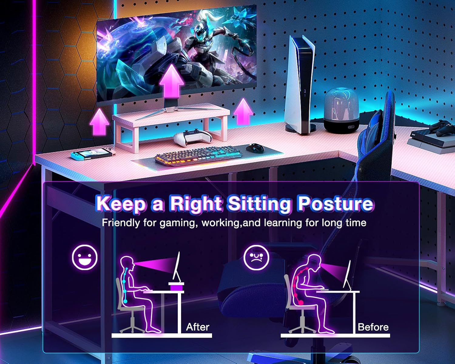 L Shaped Gaming Desk with Monitor Stand, Corner Desk Gaming Table for Home Office, Computer Desk Sturdy Writing Workstation