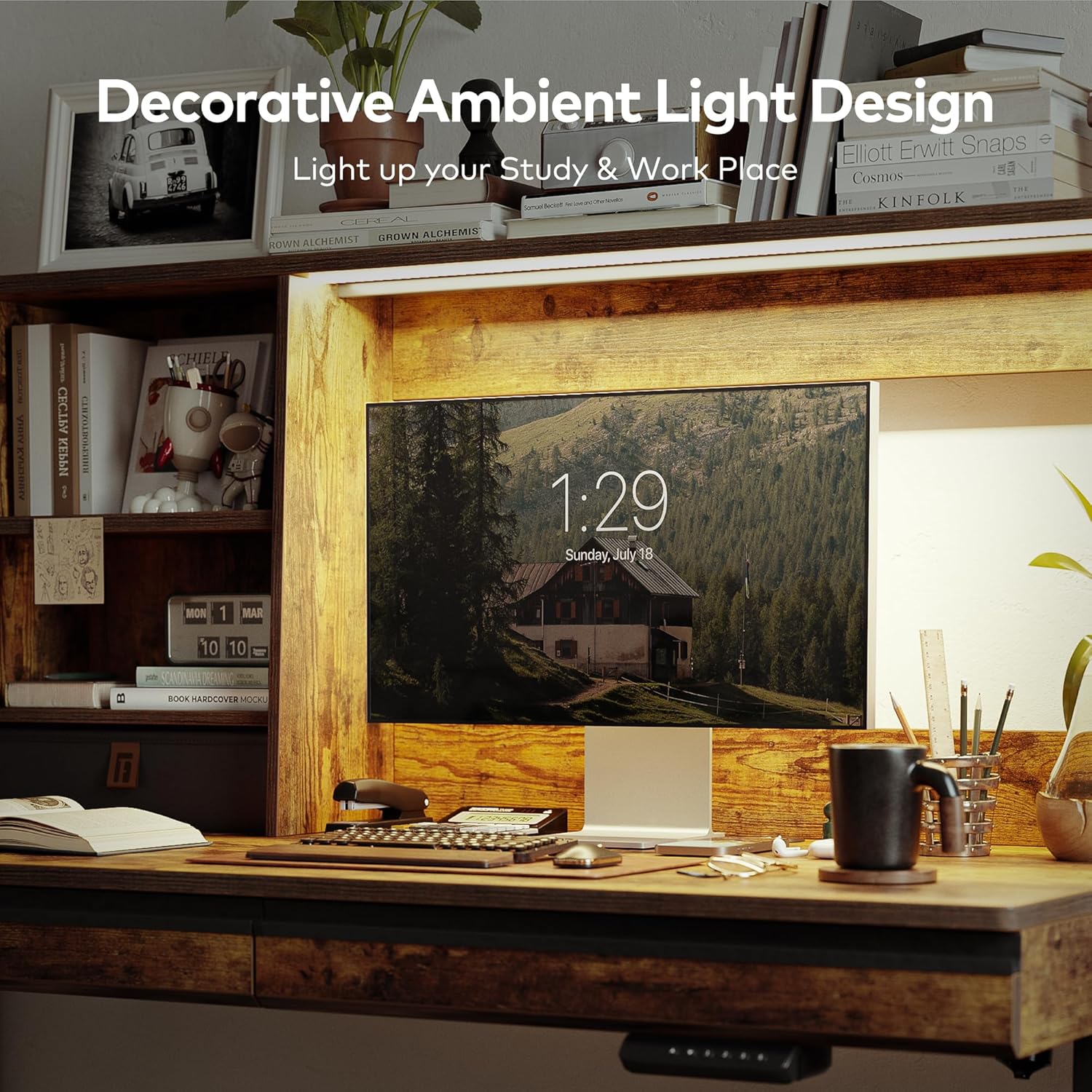 55 x 27.5 Inches Electric Standing Desk with Open Shelf&LED Strip, Adjustable Height Sit Stand Up Desks with 3 Drawers