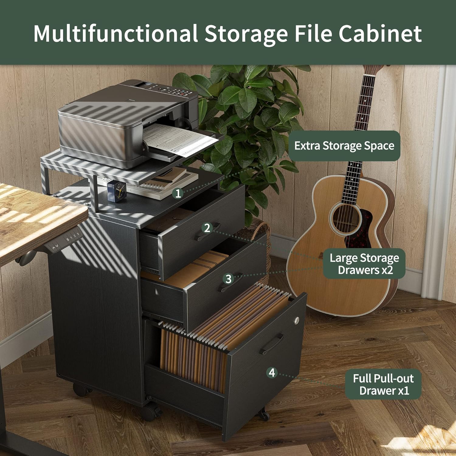 File Cabinet with Lock for Home Office, 3-Drawer Rolling Filing Cabinet, Home Office File Cabinet for A4/Letter/Legal Size